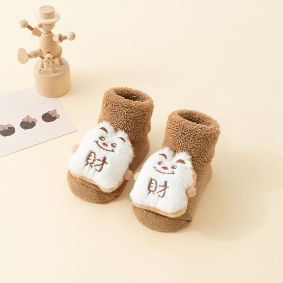 GUZOM Kids Fuzzy Cotton Socks - Unisex Yellow with Cartoon Patch, Warm Non-Slip for 0-3 Years (S:0-1Y/M:1-3Y), Reinforced Toes, 1 Pair,Size S