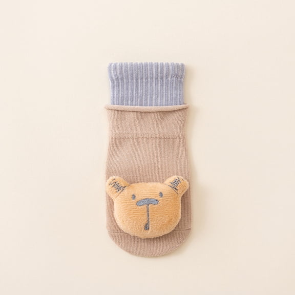 GUZOM Kids Girl Socks Soft Cotton 3D Teddy Bear Khaki Non-Slip Turn-Down Cuff Breathable Daily Wear, S(0-1Y)/M(1-3Y) 1 Pair,Size M