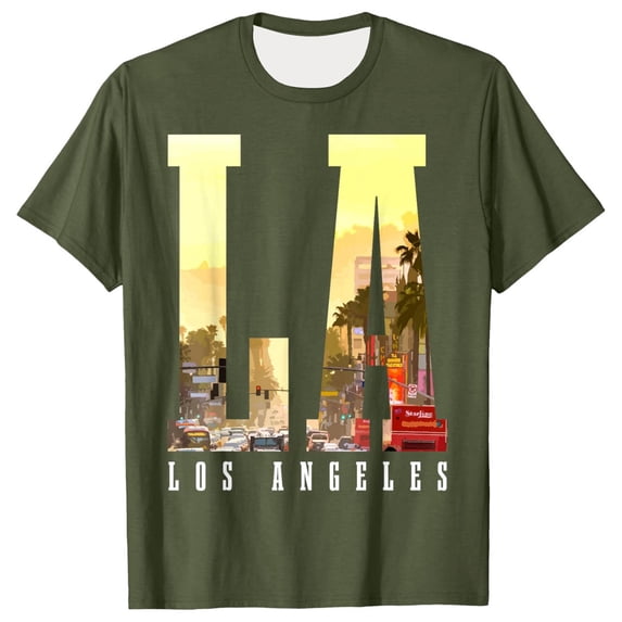 GUZOM Los Angeles T-Shirt for Men Army Green, Stretch Breathable Graphic Tee with LA Skyline Design, Regular Fit Short Sleeve Casual T-Shirt,Size L