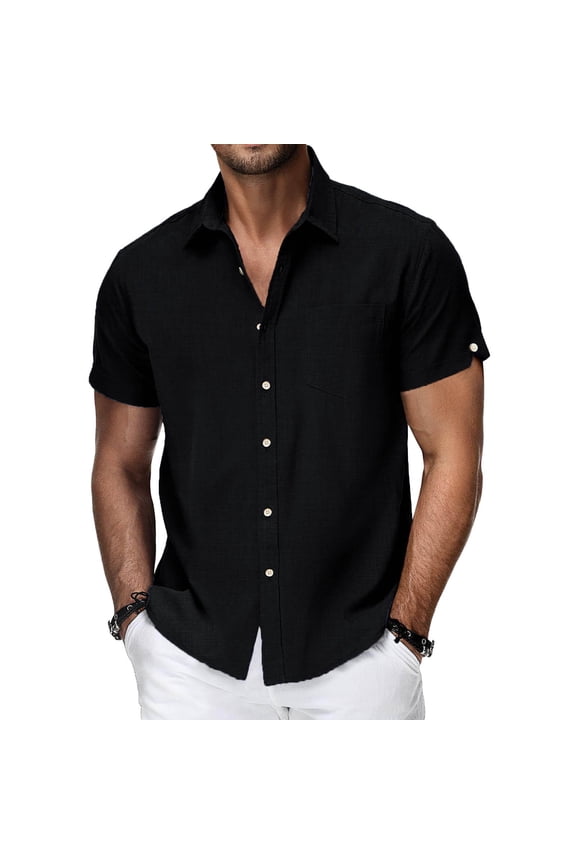 Mens 100% Cotton Breathable Short Sleeve Button Down Shirt Regular Fit Solid Black with Chest Pocket,Size XL