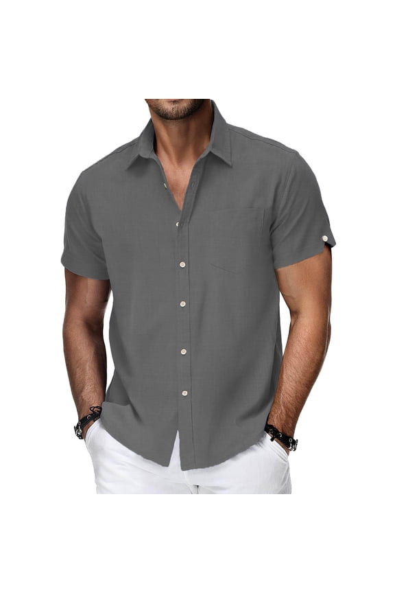 Mens 100% Cotton Breathable Short Sleeve Button Down Shirt Regular Fit Solid Dark Gray with Chest Pocket,Size L