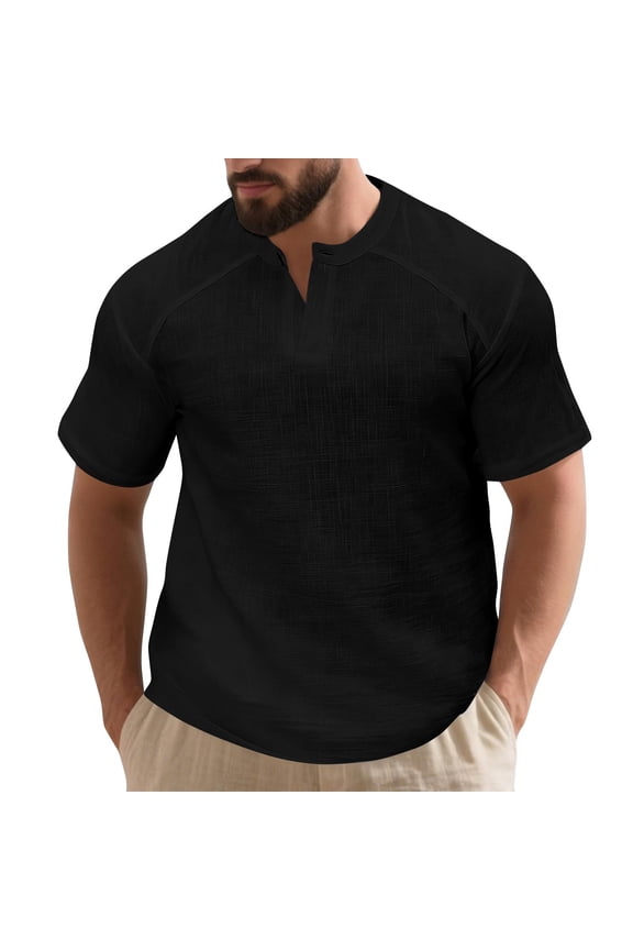 Mens 100% Cotton Short Sleeve Henley T-Shirt with Button Placket Raglan Sleeve Casual Everyday Basic Tee Black,Size XL