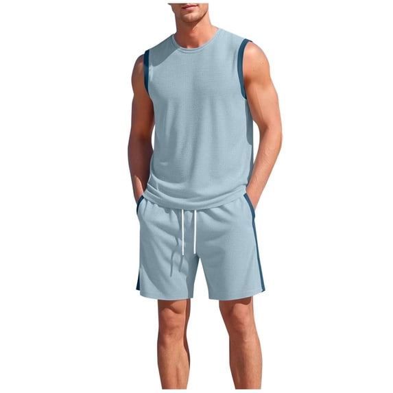 GUZOM Mens 2-Piece Mesh Shorts and Tank Top Set, Quick Dry Breathable Gym Outfit, Lightweight Athletic Activewear with Pockets, Sky Blue,Size 3XL