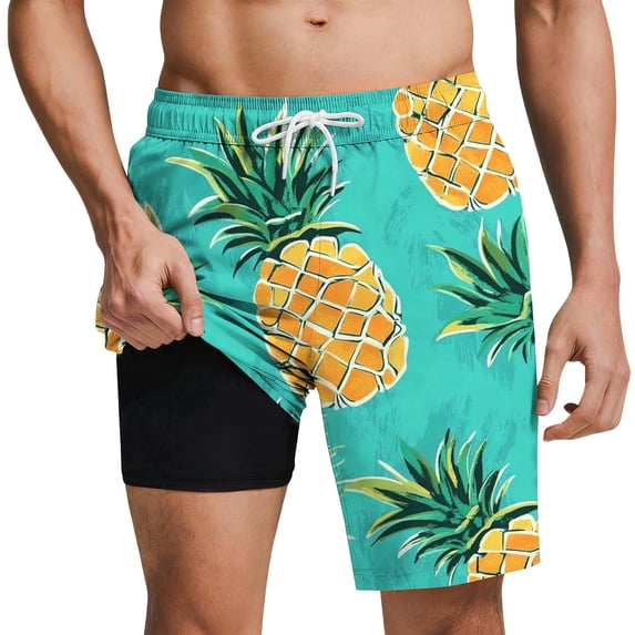 GUZOM Mens 2-in-1 Compression Liner Swim Trunks Quick Dry Pineapple Print Tropical Green Board Shorts with Pockets,Size L