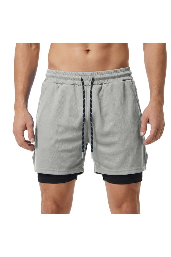 Mens 2-in-1 Gym Shorts with Pockets Quick Dry Athletic Running Shorts Compression Liner Workout Moisture Wicking Gray,Size 2XL
