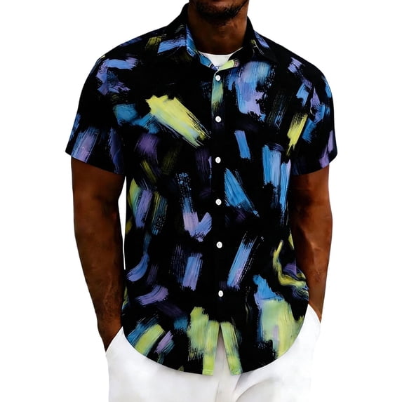 GUZOM Mens Abstract Print Short Sleeve Button Down Shirt, Stretch Wrinkle Resistant Casual Hawaiian Style Vacation Top, Black,Size S