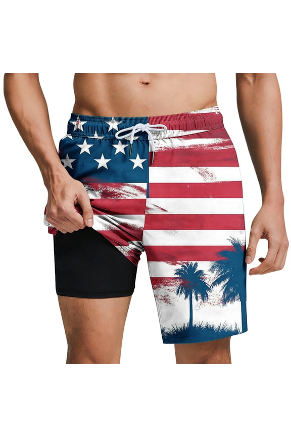 Mens American Flag Palm Tree Swim Trunks with Compression Liner, Quick Dry Board Shorts,Size M