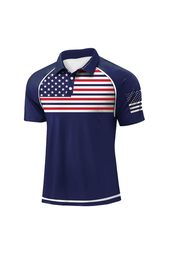 Mens American Flag Shirt Patriotic USA Stars Stripes Dark Blue Short Sleeve S-5XL 95% Polyester,Size L