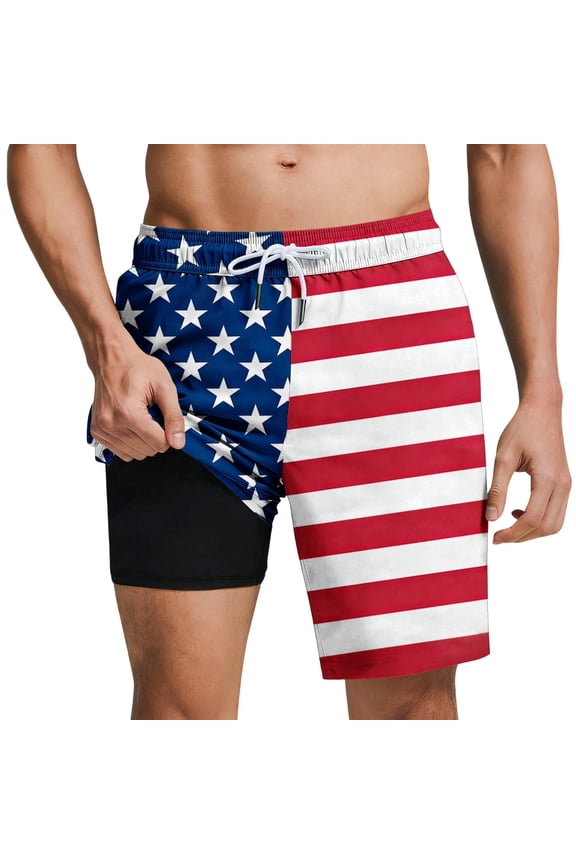 Mens American Flag Swim Trunks Patriotic Split Design Quick-Dry Board Shorts with Liner for 4th of July Beach Pool,Size L