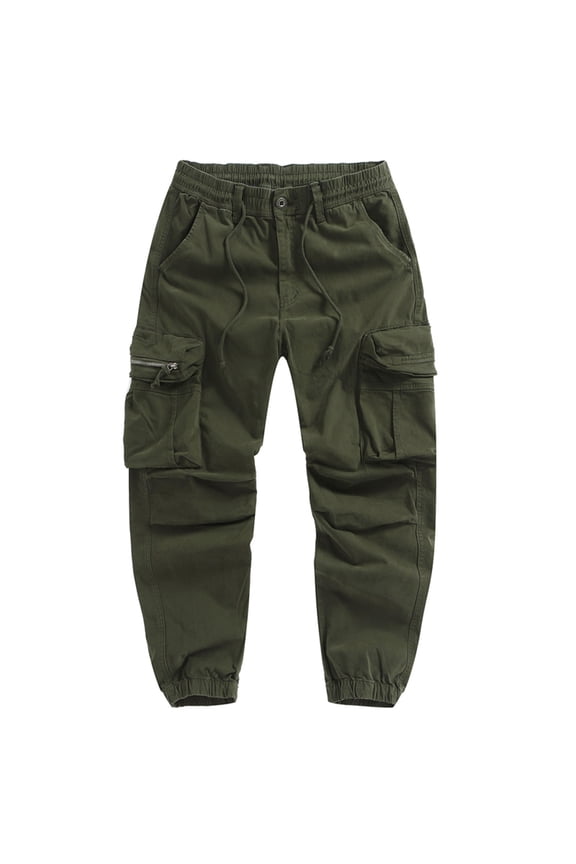 Mens Army Green Cargo Joggers, Elastic Waist with Drawstring & Multiple Pockets, Tapered Fit Casual Jogger Pants,Size XS