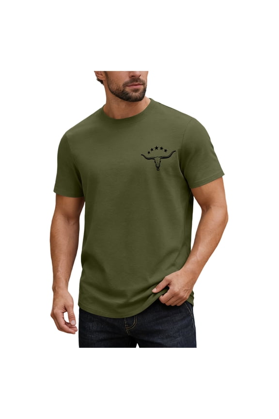 Mens Army Green Cotton T-Shirt, Western Graphic Tee with Longhorn Skull, Regular Fit Short Sleeve Crewneck Casual Shirt,Size 2XL