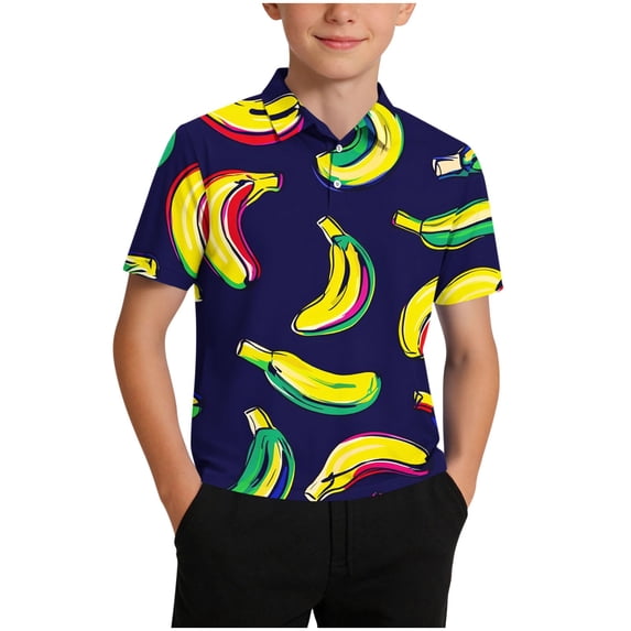 GUZOM Kids Boys Banana Print Polo Shirt Navy Quick Dry Performance Short Sleeve Button Down Tops,Size 9-10 T