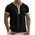 thumbnail image 1 of GUZOM Mens Black Henley Shirt Short Sleeve | Slim Fit Linen Cotton Blend Casual Button Down Top for Men,Size 3XL, 1 of 6