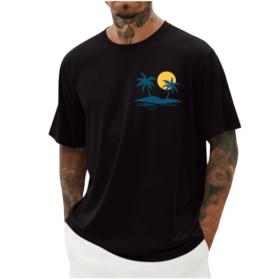 GUZOM Mens Black Tropical Graphic Short Sleeve T-Shirt, Quick Dry Polyester Loose Fit Crew Neck, Breathable Beach Vacation Summer Tee with Palm Tree Print,Size M