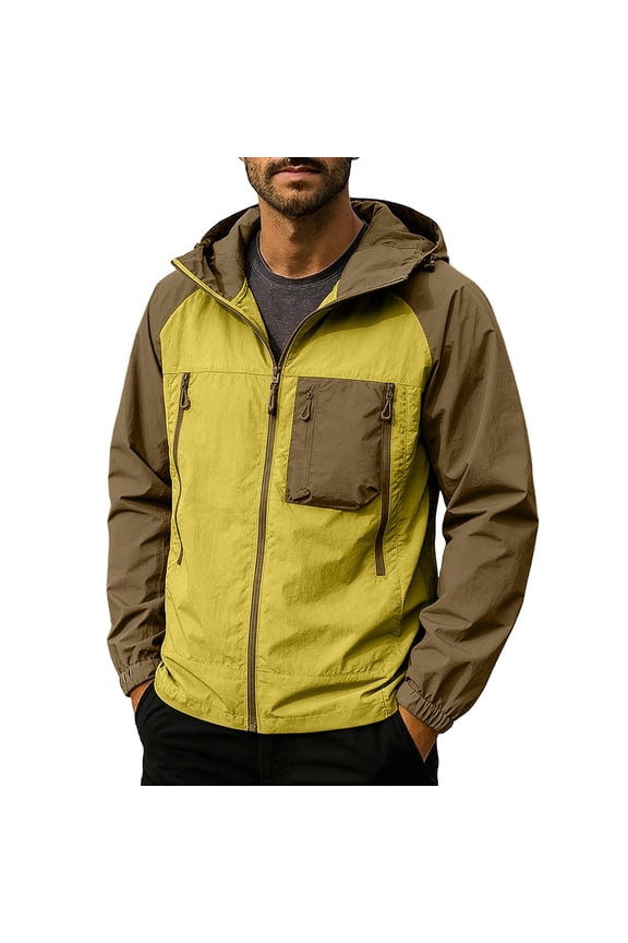 Mens Breathable Nylon Spandex Windbreaker Jacket Lightweight Packable Hooded Sun Protection Brown,Size 2XL