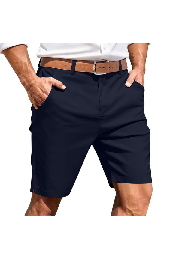 Mens Breathable Polyester Golf Shorts - 9" Inseam Classic Fit Quick Dry Straight Leg Casual Business Shorts with Deep Pockets & Belt Loops, Navy,Size L