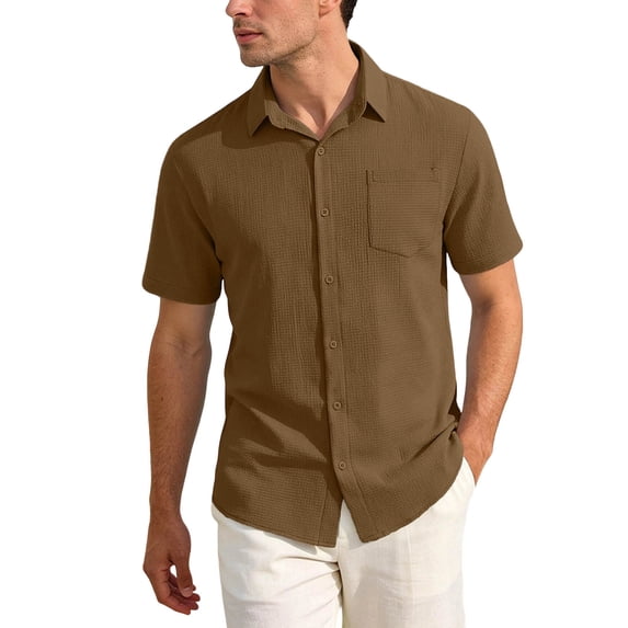 GUZOM Mens Brown Crinkle Texture Button Down Shirt - Relaxed Fit Short Sleeve Casual Top with Chest Pocket,Size L