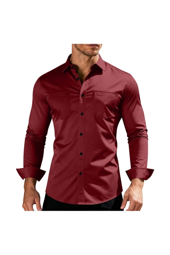Mens Burgundy Wine Red Long Sleeve Shirt Slim Fit, Wrinkle Resistant Stretch Comfort, Button Down for Business Casual Office & Weekend, Machine Washable Easy Care,Size M