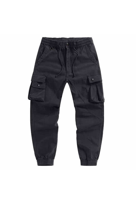 Mens Cargo Jogger Pants, Elastic Waist with Drawstring, Multi-Pocket Quick-Dry Dark Gray Polyester Casual Utility Joggers,Size XS