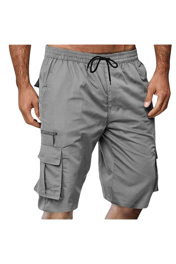 Mens Cargo Shorts Gray Quick-Dry Elastic Waist with Drawstring, Polyester Casual Utility Shorts for Men Big & Tall Sizes Available,Size 2XL