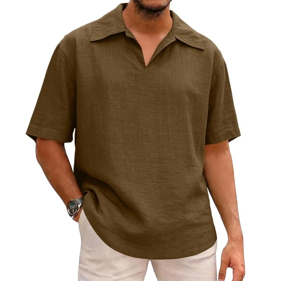 GUZOM Mens Casual Polo Shirt Coffee Brown, V-Neck Short Sleeve Linen Blend, Breathable & Lightweight Summer Shirt, Relaxed Fit for Men,Size XL