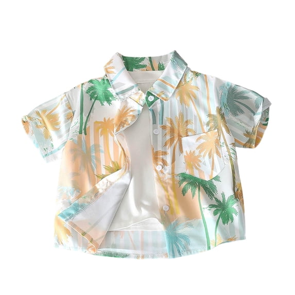 GUZOM Kids Boys Casual Short Sleeve Button Down Hawaiian Shirt Tropical Palm Tree Print Summer Beach Vacation Lightweight Polyester Shirt Yellow,Size 4-5T