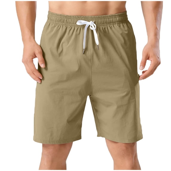 GUZOM Mens Casual Shorts Khaki, Elastic Waist with Drawstring, Relaxed Fit Stretch Polyester Lounge Shorts for Men, Sizes M to 4XL,Size L