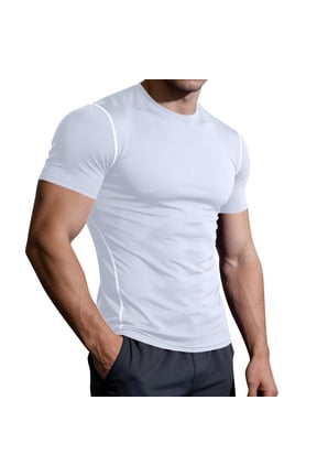 Mens Compression Base Layer Shirt Quick Dry Moisture Wicking Athletic Gym Workout Top Slim Fit White S-XXXL,Size L