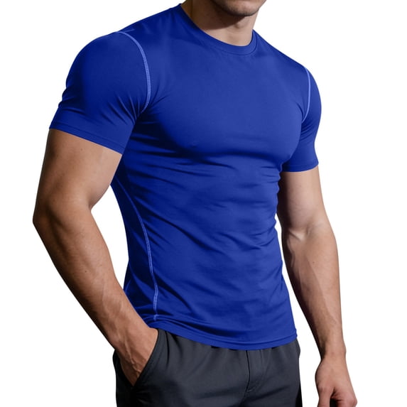 GUZOM Mens Compression Shirt Quick Dry Athletic Base Layer Moisture Wicking Gym Workout Top Slim Fit Blue S-XXXL,Size L