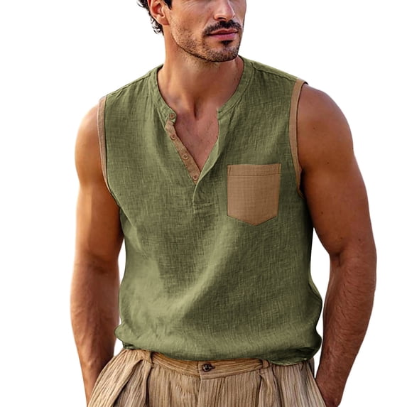 GUZOM Mens Cotton Linen Henley Tank Top Green - Sleeveless Vest with Pocket Breathable Summer Casual Button Front Relaxed Fit Shirt,Size S