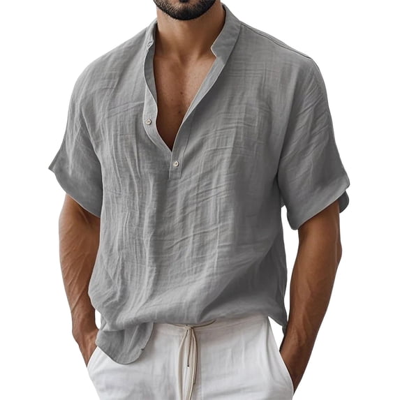 GUZOM Mens Cotton Short Sleeve Henley Shirt Relaxed Fit Stand Collar 2-Button Tee Lightweight Breathable Textured Rolled Cuff Curved Hem Gray,Size XL