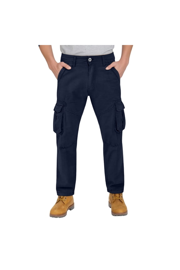 Mens Dark Blue Cargo Pants, Stretch Nylon Spandex Straight Leg Utility Pants with Multiple Pockets for Casual Outdoor Everyday Wear,Size 36