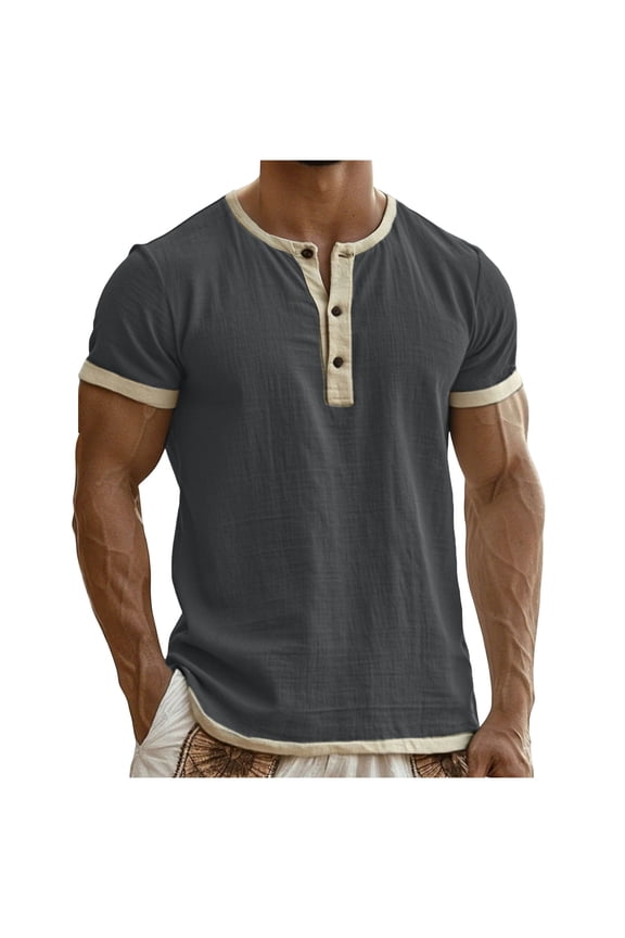 Mens Dark Gray Henley Shirt Short Sleeve | Slim Fit Casual Top in Breathable Linen Cotton Blend,Size M