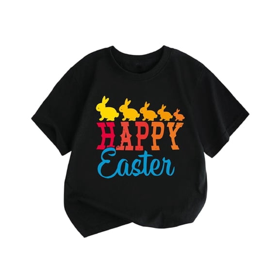 GUZOM Kids Boys Easter Shirt Cute Bunny Rabbit Graphic Tee Black 100% Cotton Crew Neck Short Sleeve Casual Top Funny Spring Holiday Outfit for Easter Sunday Egg Hunt Gift,Size 2-3 T