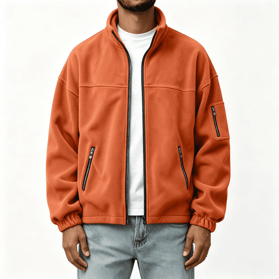 GUZOM Mens Fleece Jacket with Zipper Pockets,Full Zip Loose Fit Stand Collar,Orange,Size 3XL