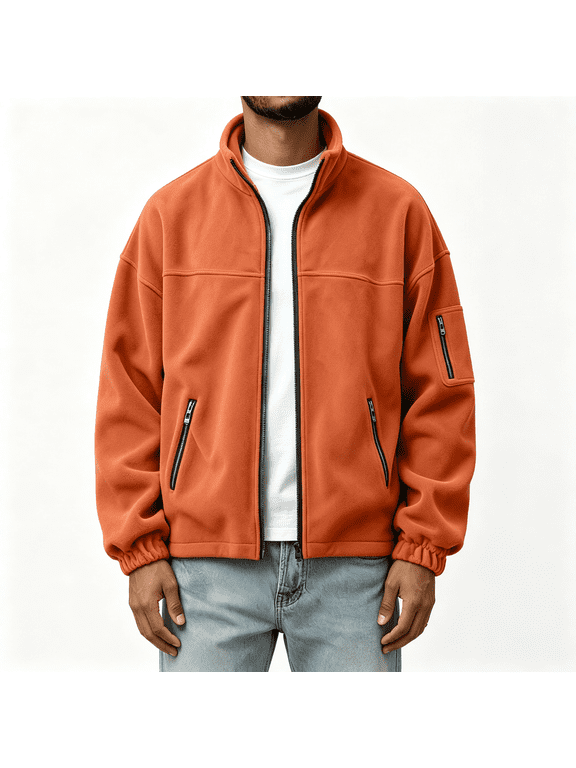 Mens Fleece Jacket with Zipper Pockets,Full Zip Loose Fit Stand Collar,Orange,Size L