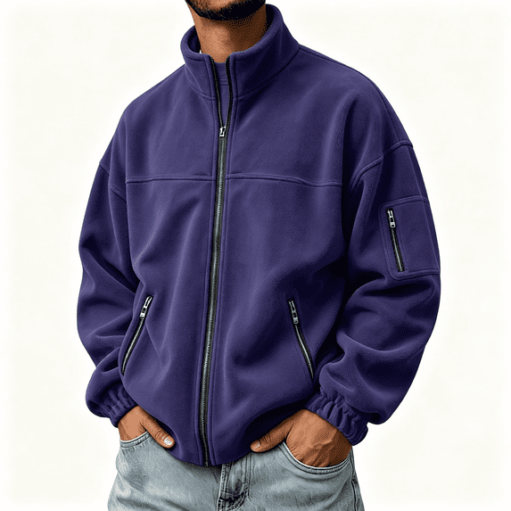 GUZOM Mens Full Zip Fleece Jacket,Loose Fit Stand Collar with Zipper Pockets,Purple,Size M
