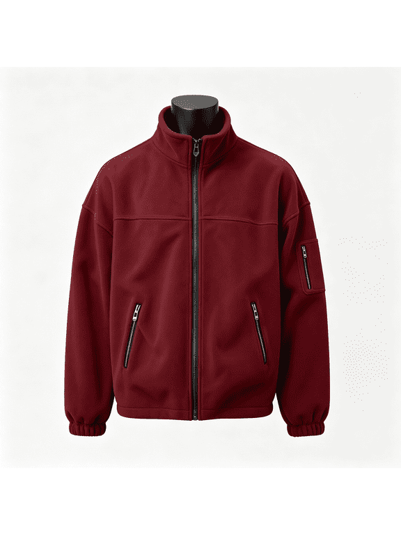 Mens Full Zip Fleece Jacket with Zipper Pockets,Loose Fit Stand Collar,Wine,Size L