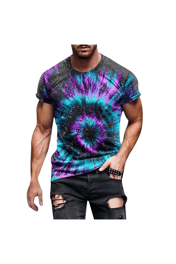 Mens Galaxy Tie Dye T Shirt Purple Cosmic Space Print Graphic Tee Loose Fit Casual Top,Size 2XL