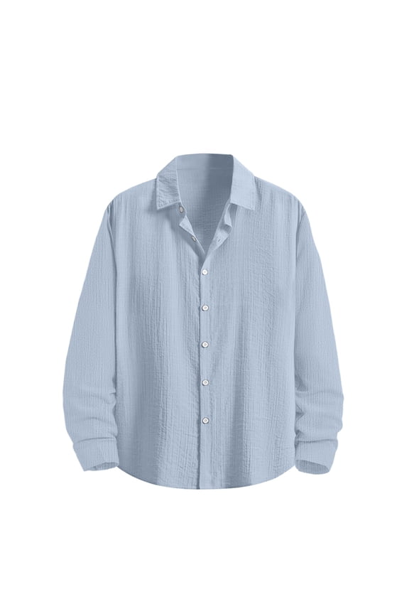 Mens Gauze Long Sleeve Button Down Shirt Lightweight Breathable Wrinkle Resistant Casual Relaxed Fit Curved Hem Solid Light Blue,Size 2XL