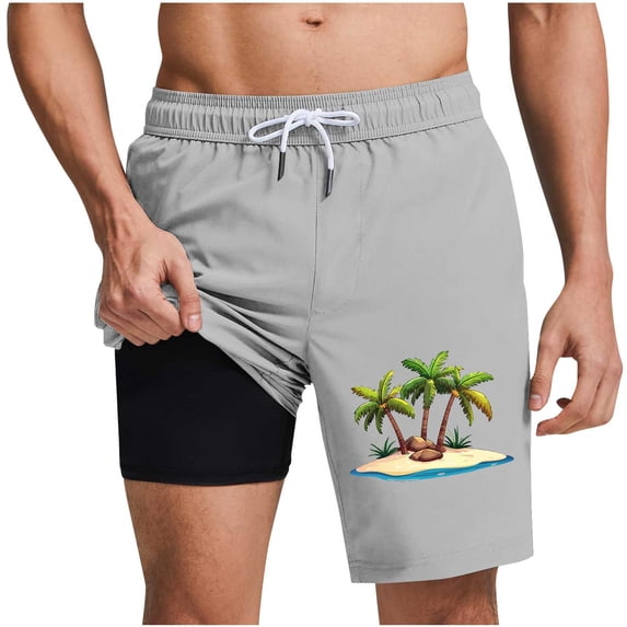 GUZOM Mens Gray Swim Trunks Quick Dry with Mesh Liner, Tropical Palm Tree Print Board Shorts UPF 50+ for Beach Pool, Lightweight Swim Shorts for Men with Pocket,Size M
