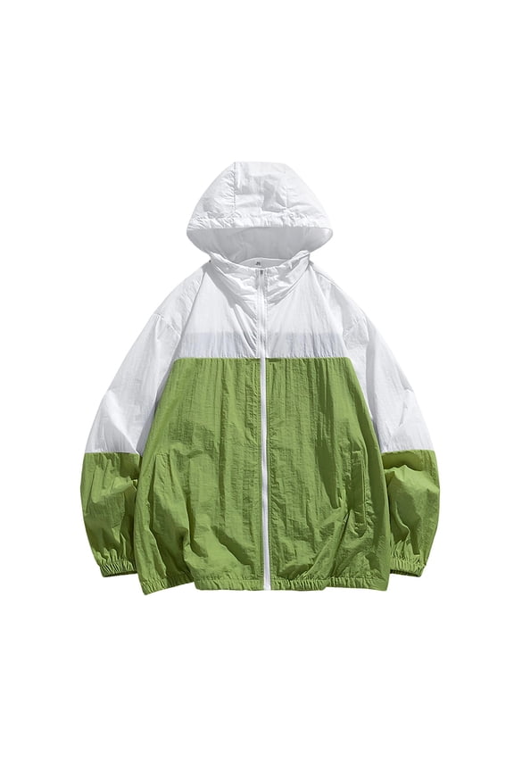 Mens Green UPF 50+ Lightweight Hooded Sun Jacket Full Zip Colorblock Outdoor UV Protection,Size S