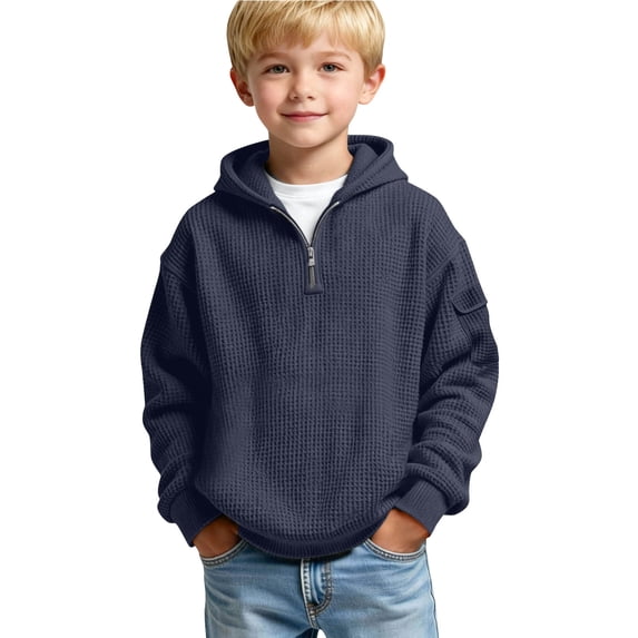 GUZOM Kids Boys Half Zip Hoodie Waffle Knit Long Sleeve Pullover Sweatshirt Soft Stretchy Cotton Blend Casual Relaxed Fit Top with Pocket Navy,Size 11 T