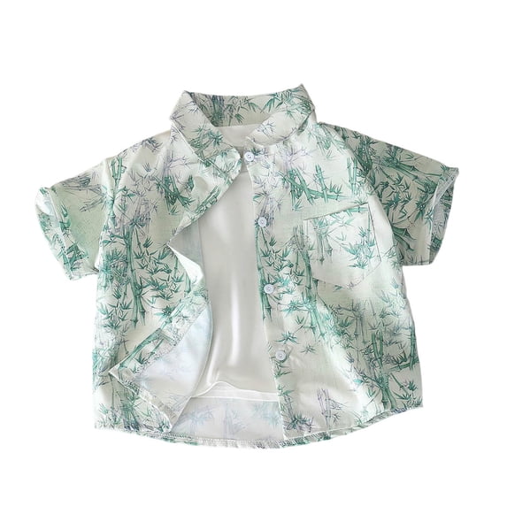 GUZOM Kids Boys Hawaiian Shirt Bamboo Print Quick Dry Casual Button Down Short Sleeve Tops Mint Green,Size 1-2T
