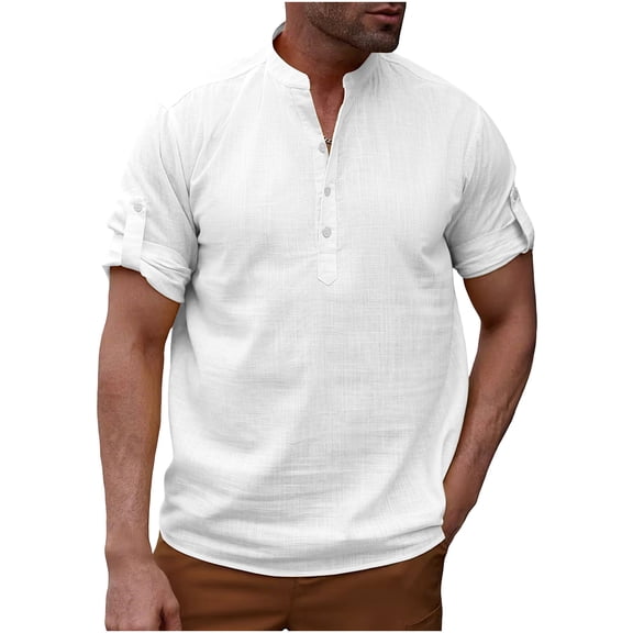 GUZOM Mens Henley Shirt 100% Cotton | Short Sleeve Casual Top for Men, Relaxed Fit Breathable Everyday Shirt in White,Size S