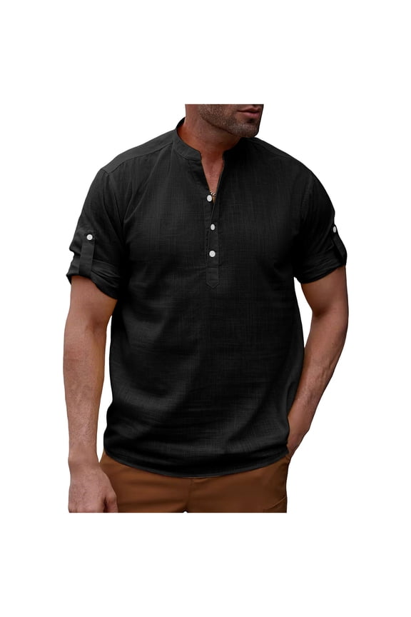 Mens Henley Shirt Short Sleeve 100% Cotton Relaxed Fit, Breathable Casual Everyday Wear Top for Men in Black,Size 2XL