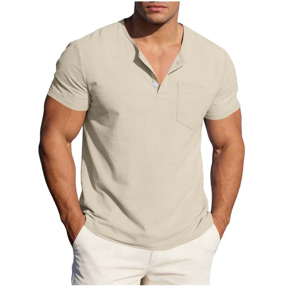 GUZOM Mens Henley Shirt Short Sleeve Khaki, Slim Fit Casual Top - Breathable Linen Cotton Blend Button-Down Summer Shirt for Men,Size 2XL