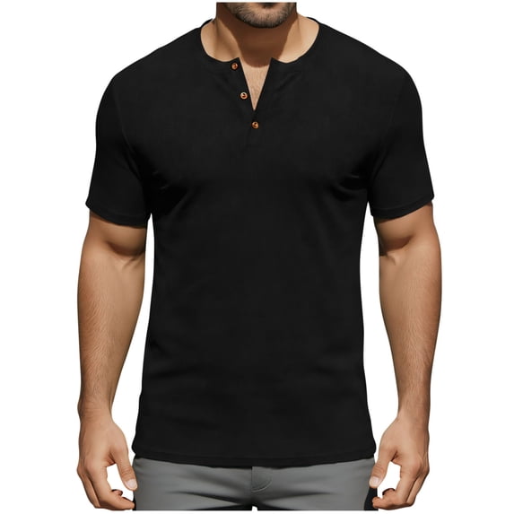 GUZOM Mens Henley Shirt Short Sleeve Slim Fit Stretch Polyester Spandex Tee, Moisture Wicking Casual & Workout Top for Men, Black,Size M