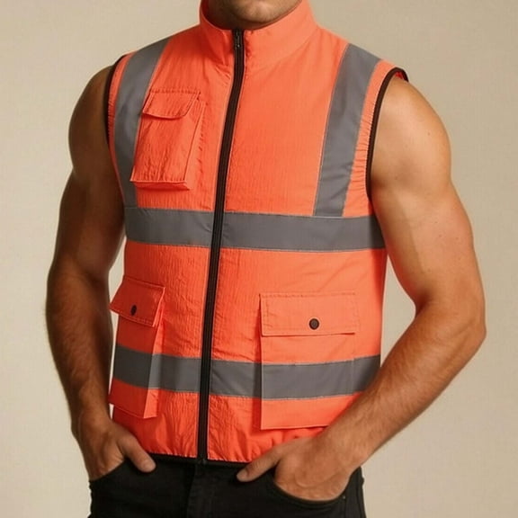 GUZOM Mens High Visibility Safety Vest Class 2 Reflective Nylon Work Vest with Pockets Breathable Orange,Size L