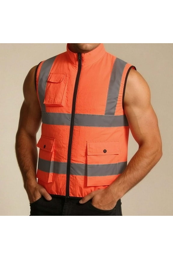 Mens High Visibility Safety Vest Class 2 Reflective Nylon Work Vest with Pockets Breathable Orange,Size L